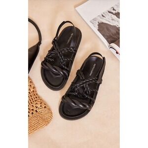 PrettyLittleThing 8 Blk Leather Strappy Chunky Sandals Retro Grunge‎ Y2K Beach
